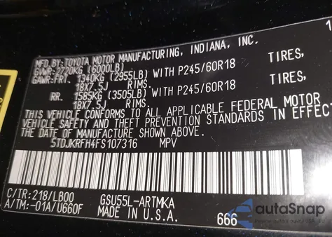 2015 Toyota Highlander Xle V6 from USA, damaged, VIN 5TDJKRFH4FS107316